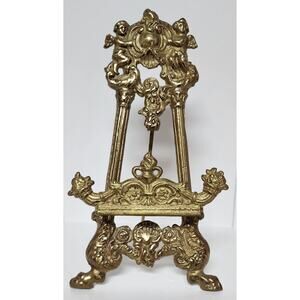 Vintage Ornate Brass Tabletop Easel Stand 8" Folding Display w/ Shelf